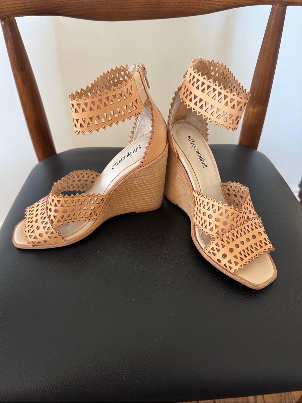 Jeffrey Campbell Peach Laser-Cut Ankle Strap Wedge Sandals